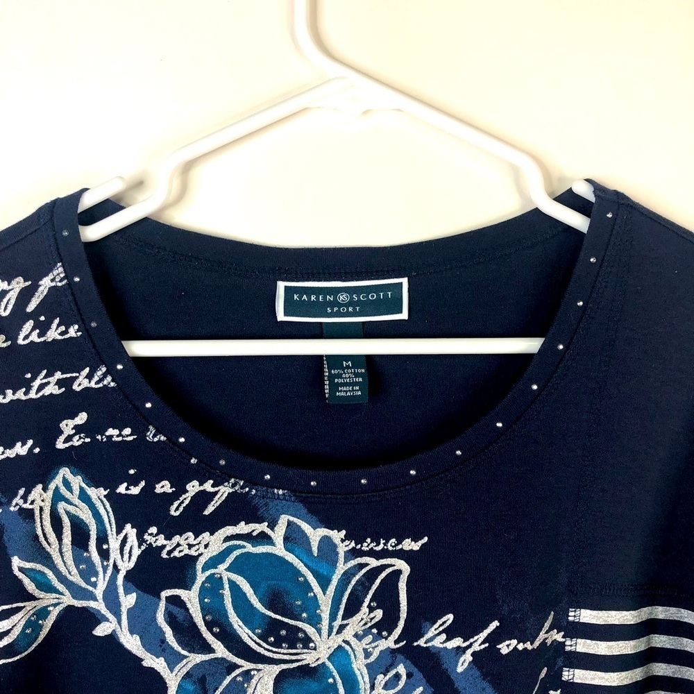 Karen Scott Sport Navy blue floral stripe 3/4 sleeve scoop neck texture tee M - Picture 4 of 8